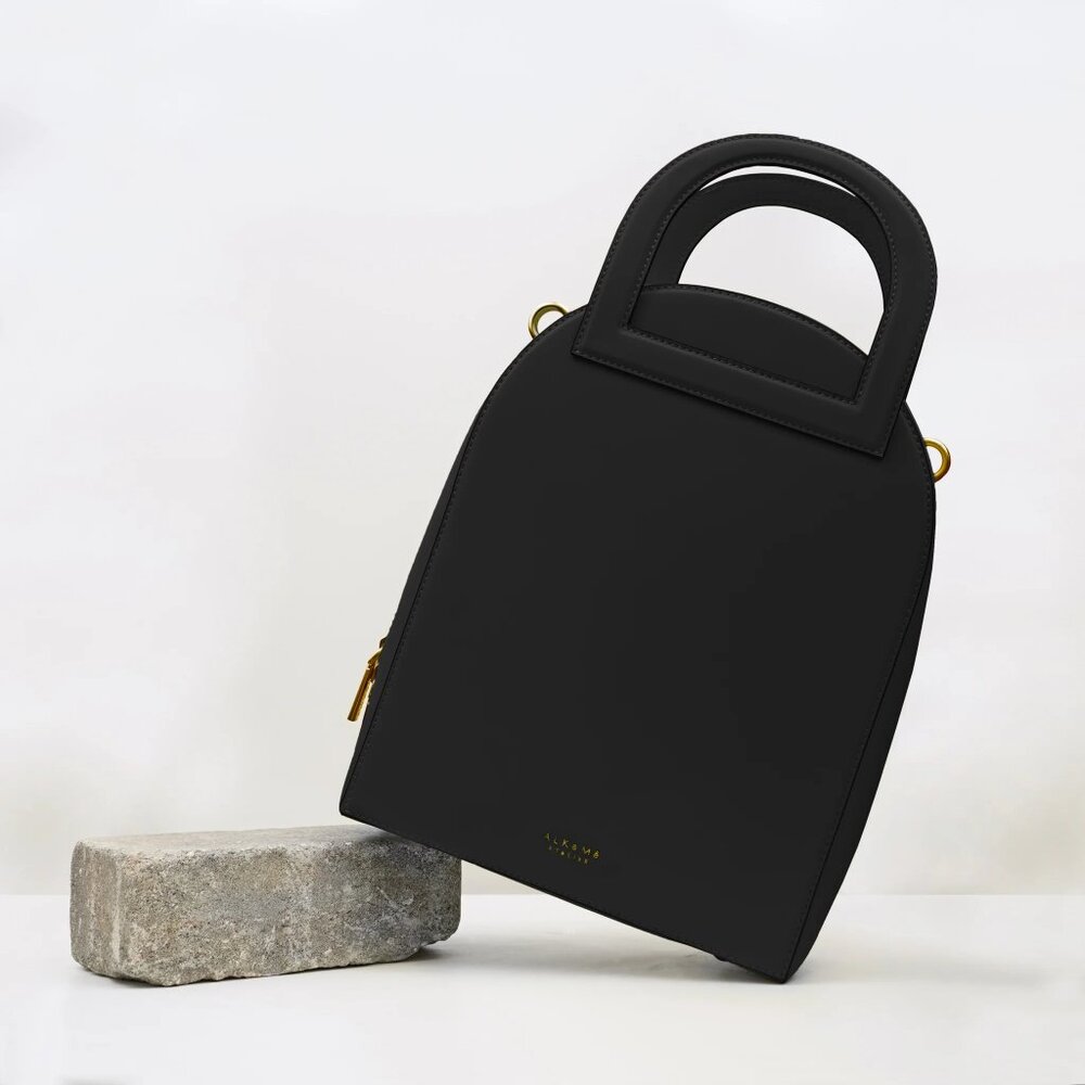Unique Arch Satchel Crossbody, Black, Vegan Leather, Alkeme Atelier, "Earth" NWT